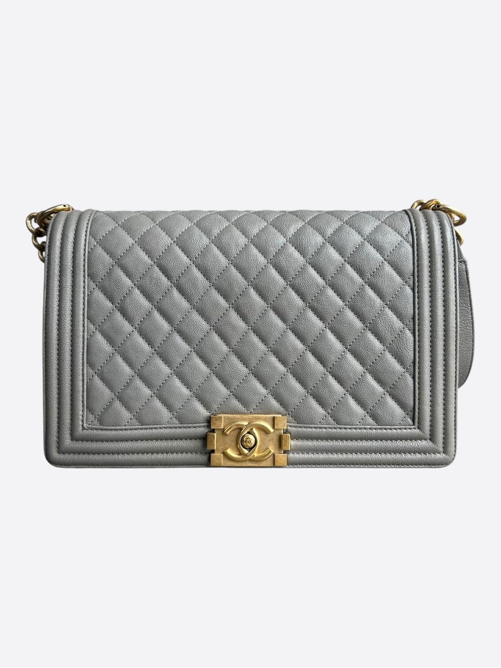 Chanel light grey Quilted Boy Bag New Medium size with Gold Hardware